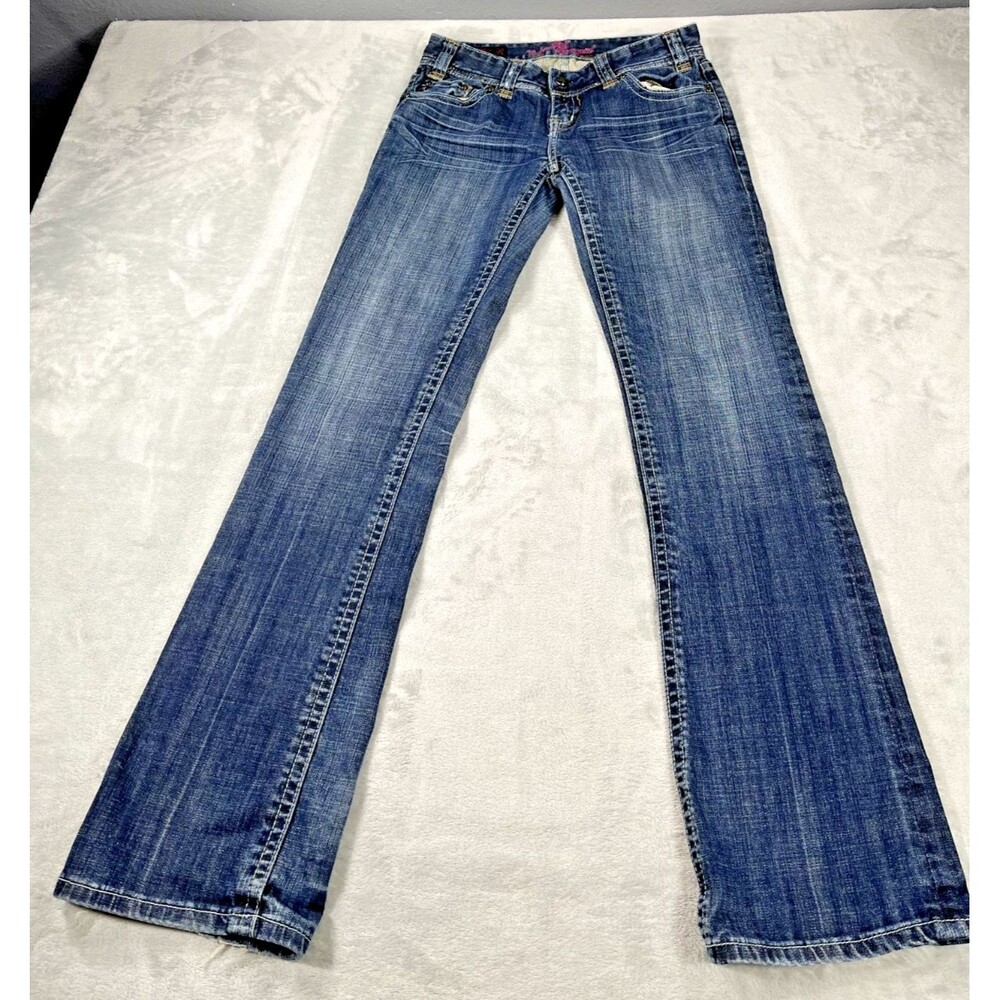 Rock and Roll Cowgirl Bootcut Jeans Womens 27x34 Rhinestones Cross Bling Lowrise
